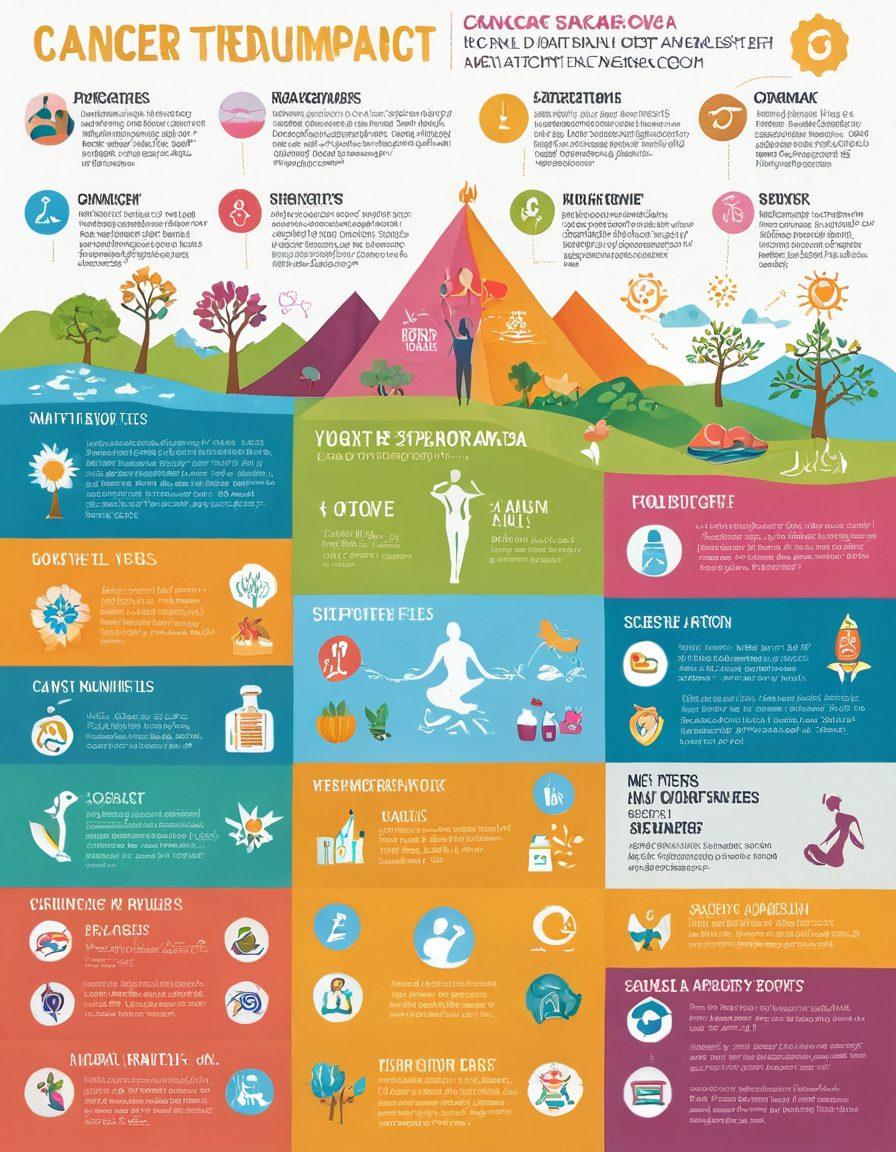 A visually engaging infographic depicting various cancer treatment options, interspersed with symbols of wellness like yoga, nutritious foods, and supportive community. The background features a serene landscape with bright colors representing hope and positivity. Include icons for chemotherapy, radiation, and holistic therapies. super-realistic. vibrant colors. white background.