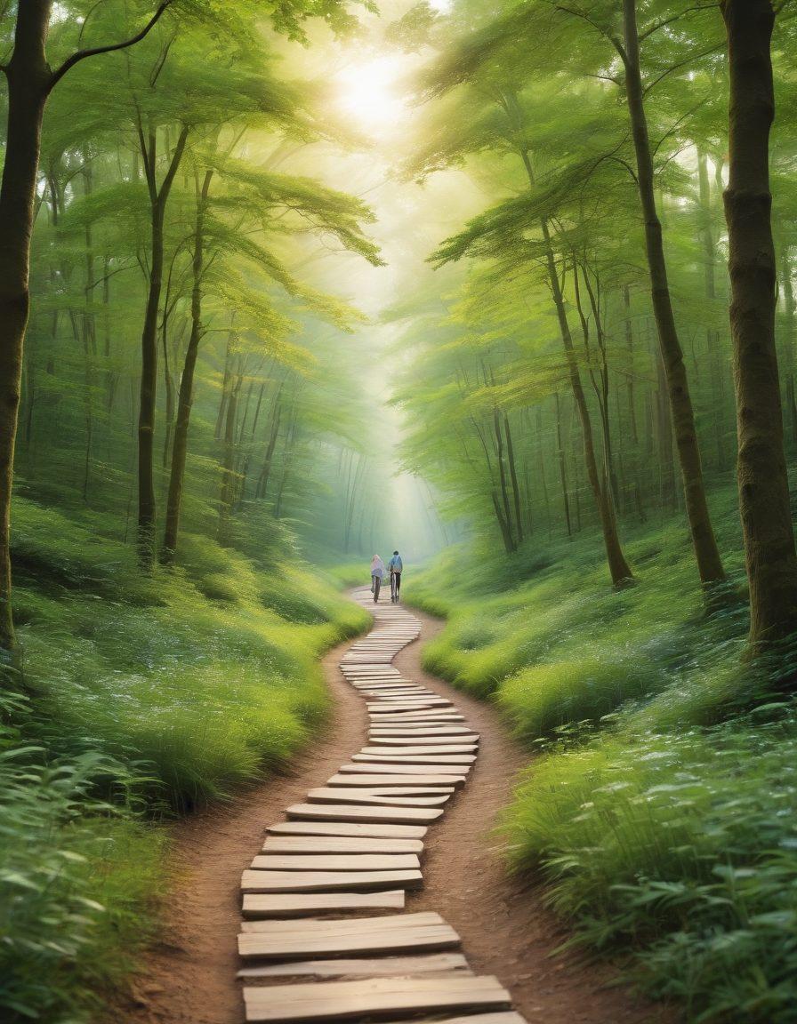 A serene landscape depicting a winding path through a lush green forest, symbolizing a journey. Along the path, comforting symbols of support such as a helping hand, a guiding light, and resources like books and medical guides scattered gently. In the background, soft silhouettes of diverse individuals, representing cancer patients, walking together in solidarity. Bright, calming colors evoke hope and warmth. super-realistic. vibrant colors. natural setting.