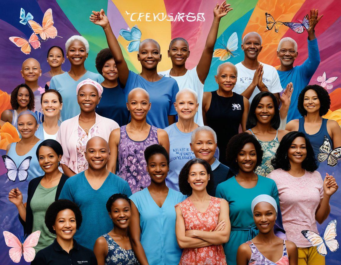 A collage of diverse cancer warriors standing together, showcasing their journey from diagnosis to survivorship, with symbols of hope like butterflies and lotus flowers around them. Incorporate supportive elements like ribbons, hands holding each other, and empowering quotes in the background. The scene should evoke strength, resilience, and community. vibrant colors. super-realistic.